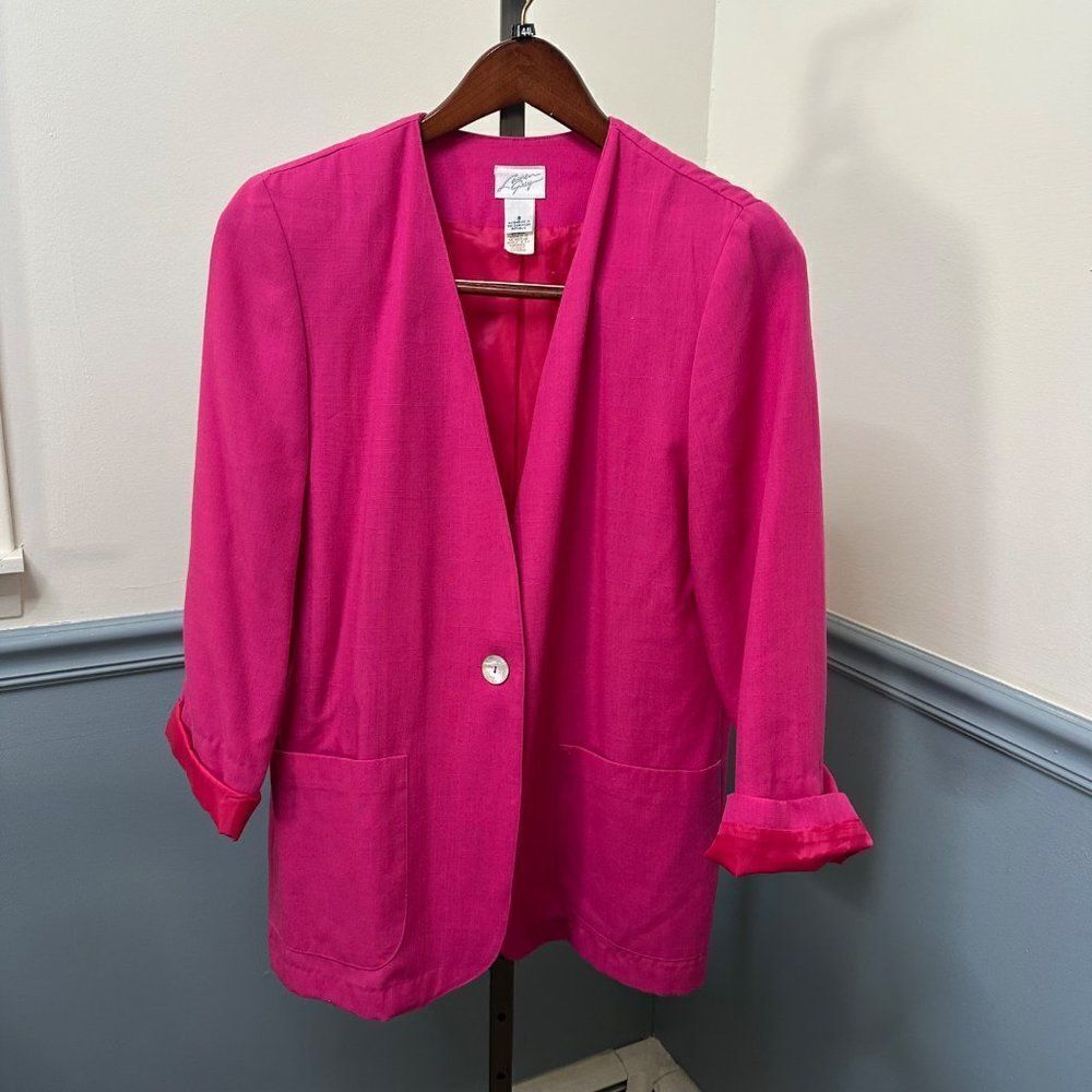 Vintage Lauren Gray Barbie Pink Single Button Boxy Blazer Jacket Size 8